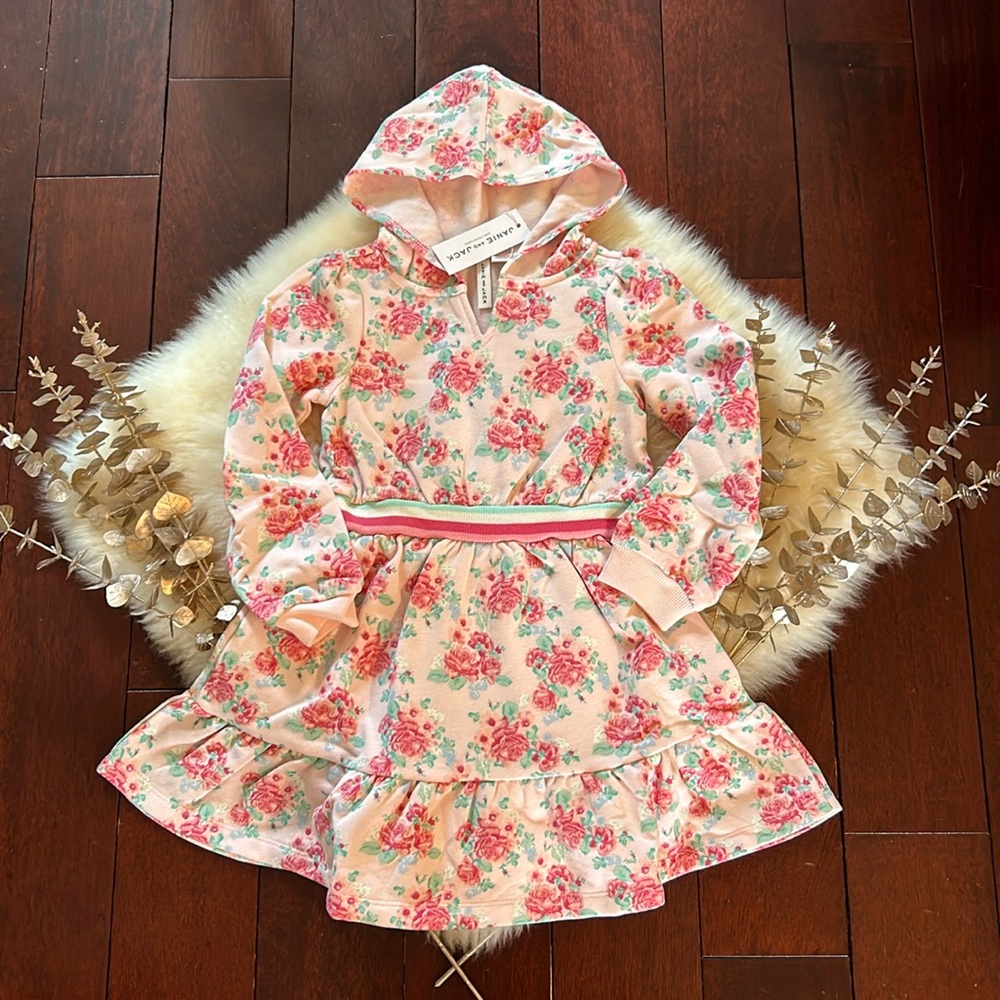 NWT Janie and Jack pink rose floral hooded girls long sleeve sweatshirt dress!